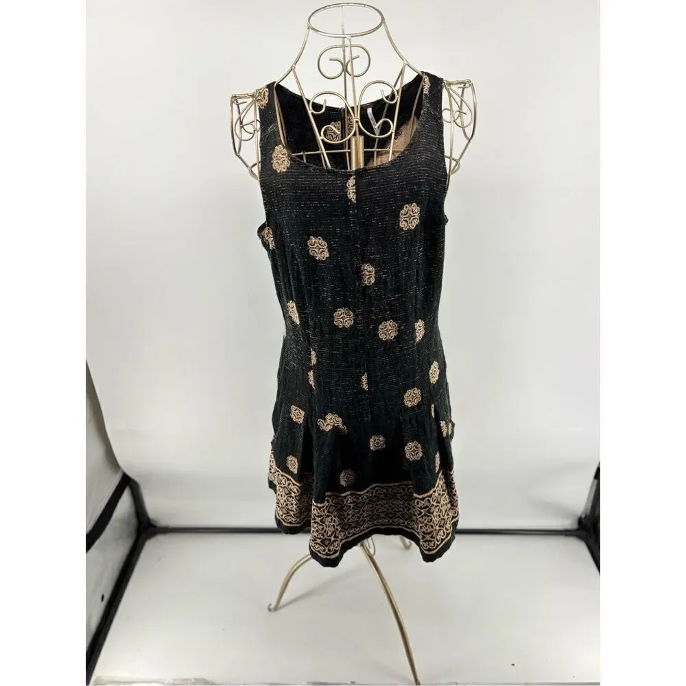 Free People Black Gold Tapestry Sleeveless Mini Dress Pockets Size 8